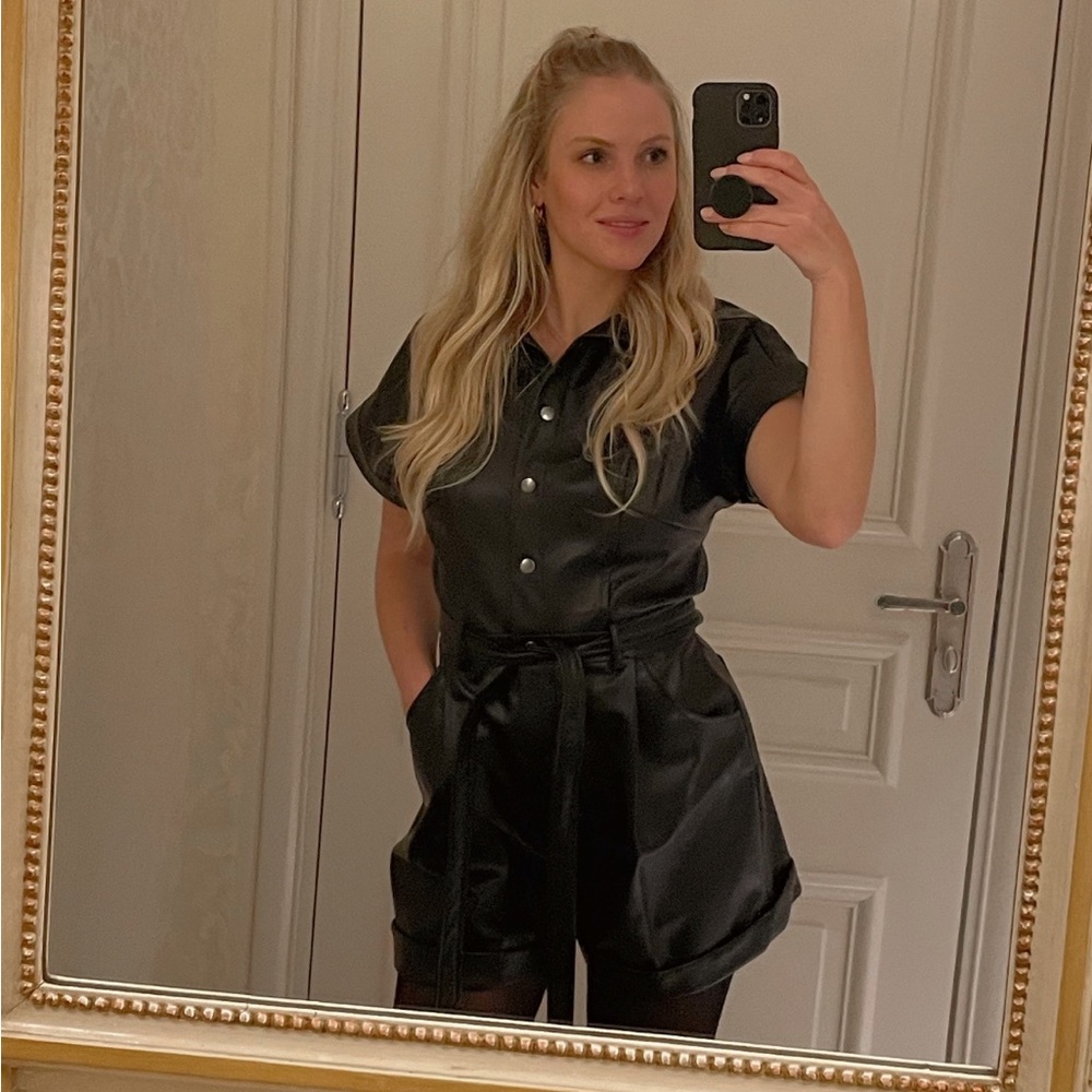 BCBG faux leather romper with tie waist